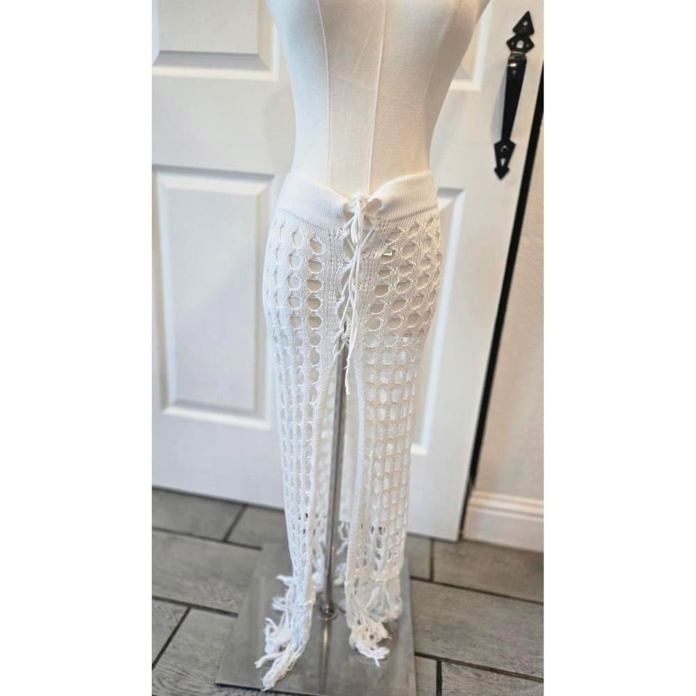 White Crochet Lace Up Maxi Skirt Boho Open Knit Beach Cover Up‎ Fringe Small